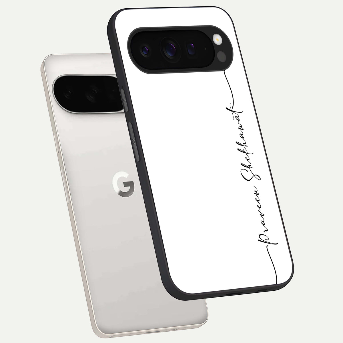  White Tune Custom Name phone case For Google Pixel 9 Pro XL showing premium custom name glass back cover
