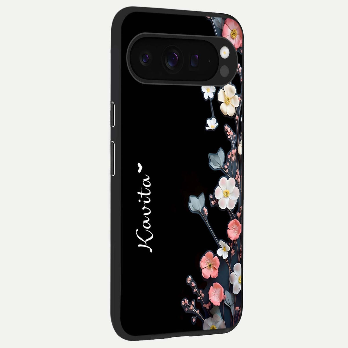  Black Elegance Floral Custom Name back cover For Google Pixel 9 Pro XL slim fit glass case with vibrant aesthetic design