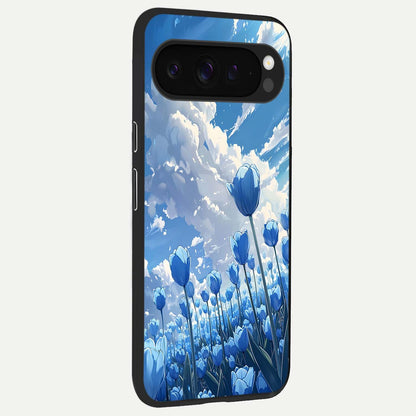  Blue Tulip Clouds back cover For Google Pixel 9 Pro XL slim fit glass case with vibrant aesthetic design