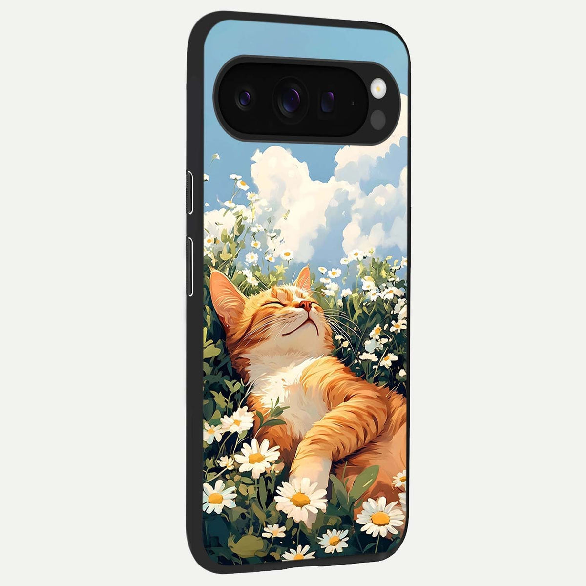  Cat And Flowers View back cover For Google Pixel 9 Pro XL slim fit glass case with vibrant aesthetic design