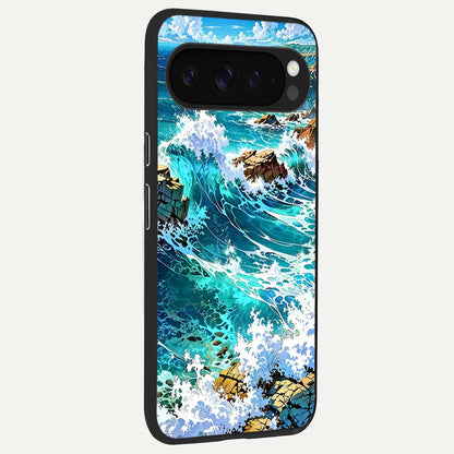  Coastal Blue Waves back cover For Google Pixel 9 Pro XL slim fit glass case with vibrant aesthetic design