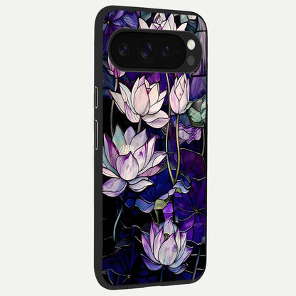  Purple Lotus Pattern back cover For Google Pixel 9 Pro XL slim fit glass case with vibrant aesthetic design
