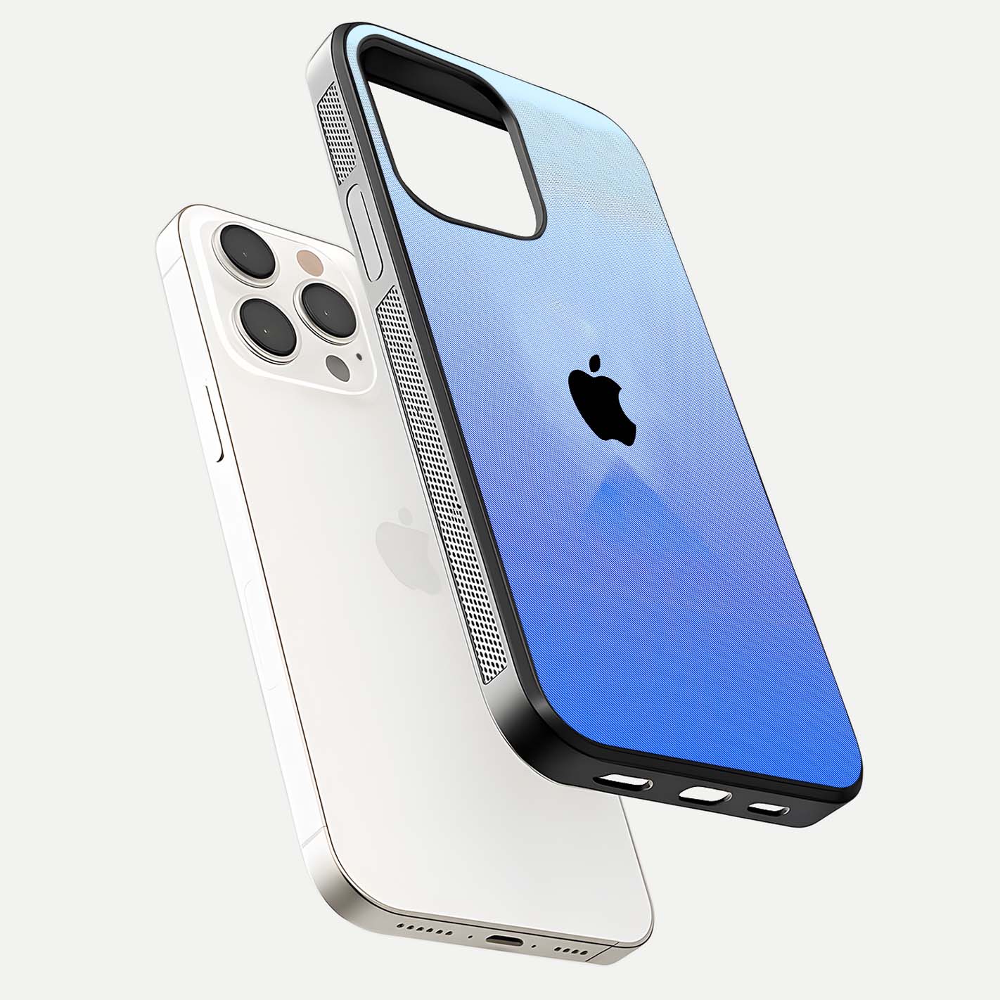 Gradient Apple Vibe Glass Case for iPhone 15 Pro Max floating dual-view mockup showing gloss polish and gradient blend