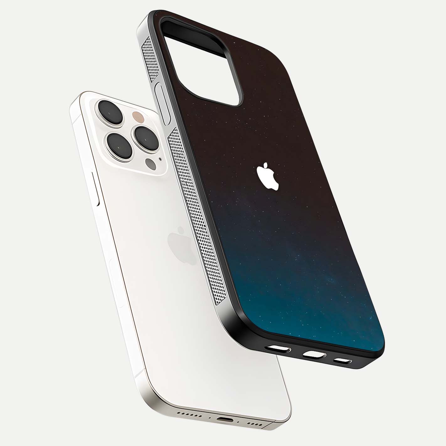 Green Emerald Apple Logo Glass Case for iPhone 15 Pro Max floating dual-view mockup showing glossy shine and premium color tone