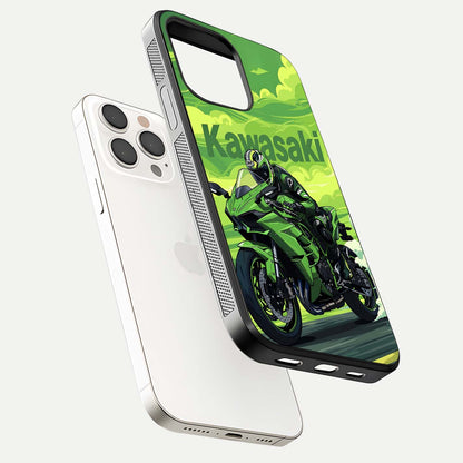 Green Kawasaki Glass Case for iPhone 15 Pro Max floating dual-view mockup showing gloss surface and power-bike theme
