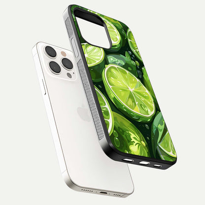 Green Lemon Glass Case for iPhone 15 Pro Max floating dual-view mockup showing glossy surface and fruity freshness