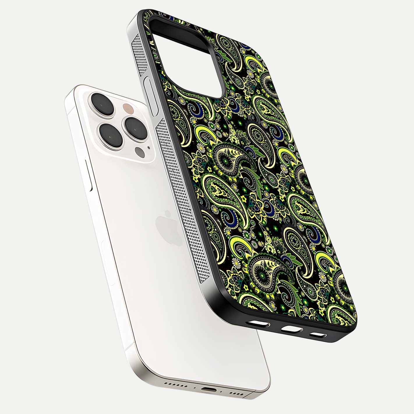 Green Mandala Pattern Glass Case for iPhone 15 Pro Max floating dual-view mockup showing gloss texture and symmetry shine