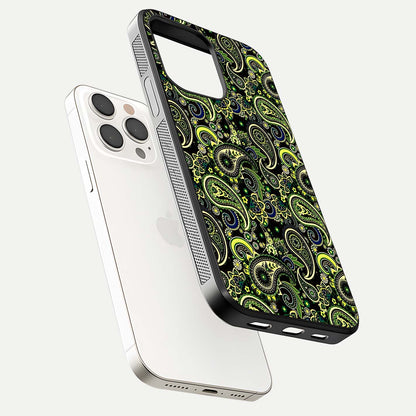 Green Mandala Pattern Glass Case for iPhone 15 Pro Max floating dual-view mockup showing gloss texture and symmetry shine