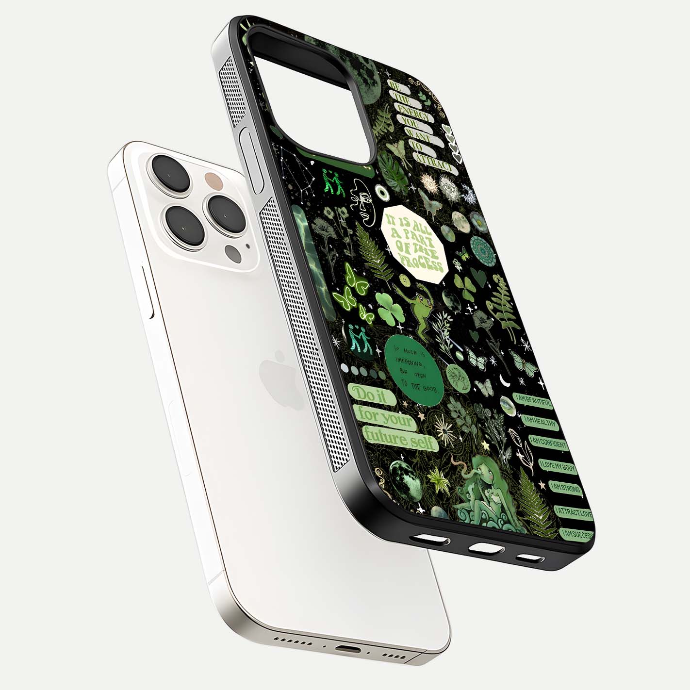 Green Moon Energy Glass Case for iPhone 15 Pro Max floating dual-view mockup showing glossy texture and energy aura