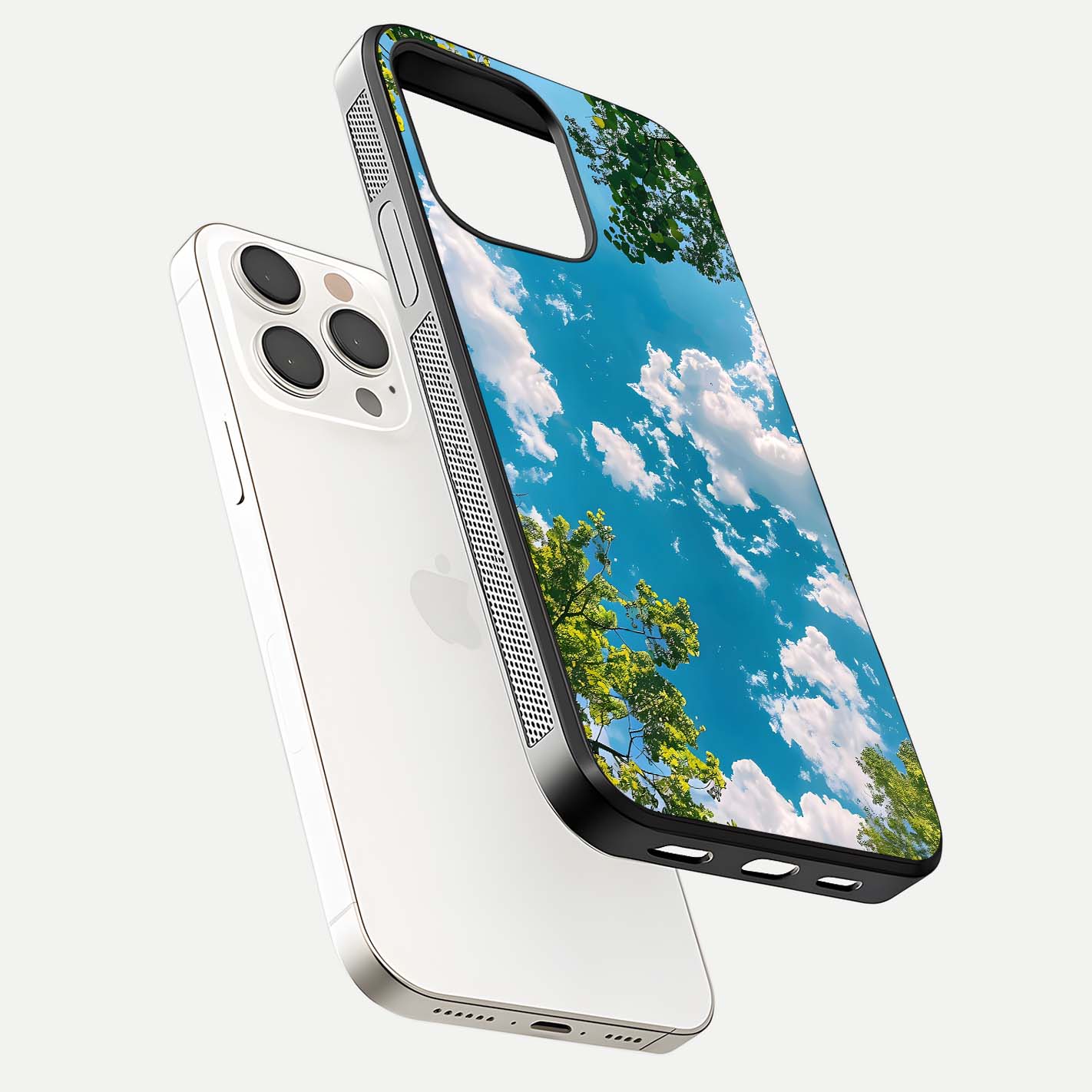 Greenery Sky Glass Case for iPhone 15 Pro Max floating dual-view mockup showing glossy shine and soft natural tones