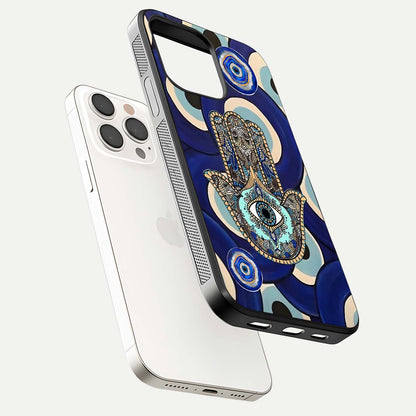 Hamsa Divine Guard Glass Case for iPhone 15 Pro Max floating dual-view mockup showing gloss shine and mystical pattern