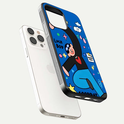 Happy Luck Vibe Glass Case for iPhone 15 Pro Max floating dual-view mockup showing glossy tone and bright finish