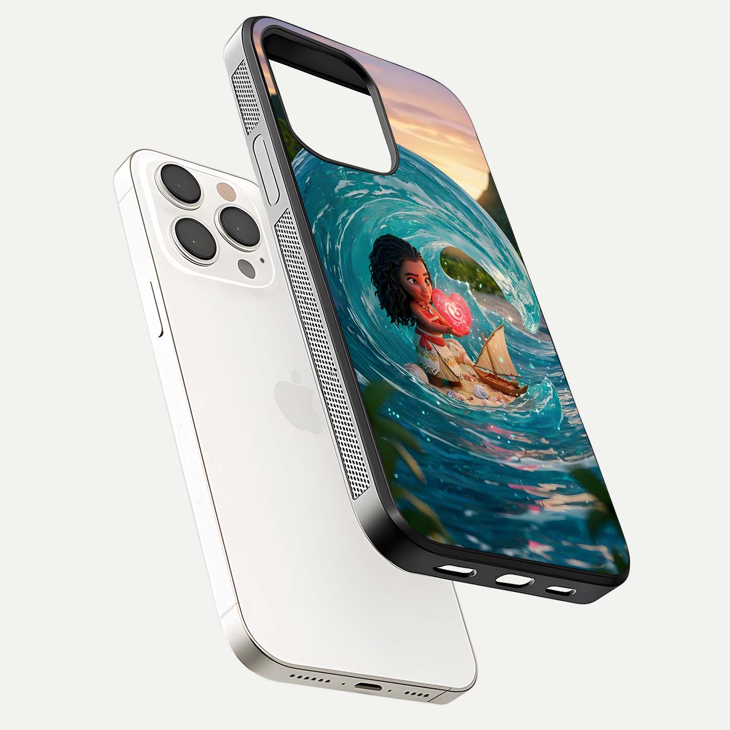 Heart of Ocean Glass Case for iPhone 15 Pro Max floating dual-view mockup showing gloss surface and aquatic design