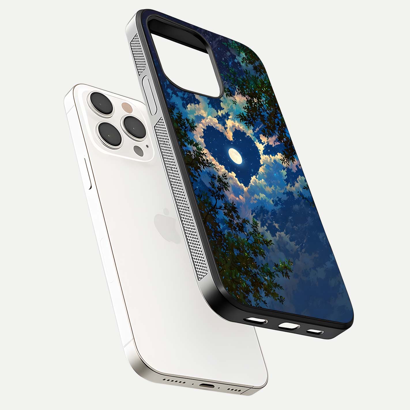 Heart with Moon Sky Glass Case for iPhone 15 Pro Max floating dual-view mockup showing gloss texture and romantic sky glow