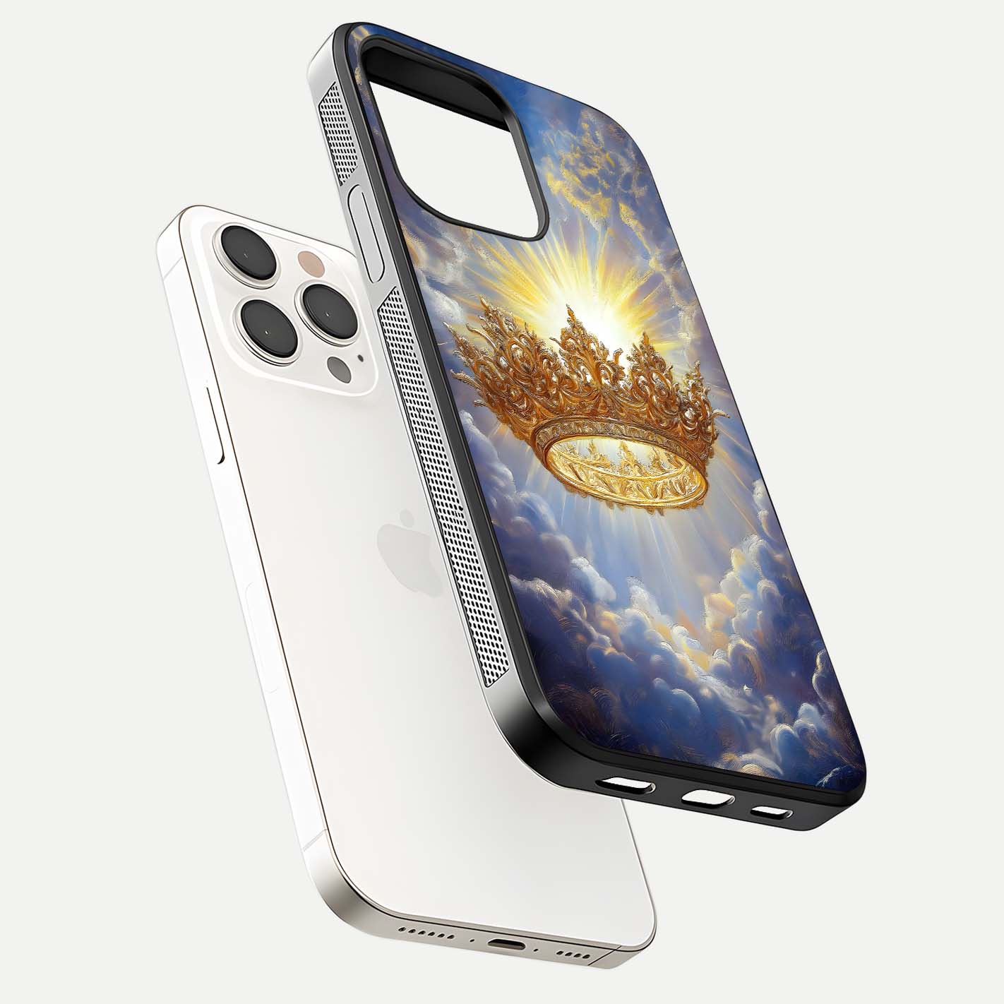 Heavenly Crown Light Glass Case for iPhone 15 Pro Max floating dual-view mockup showing gloss shine and luminous crown texture