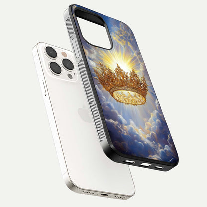Heavenly Crown Light Glass Case for iPhone 15 Pro Max floating dual-view mockup showing gloss shine and luminous crown texture
