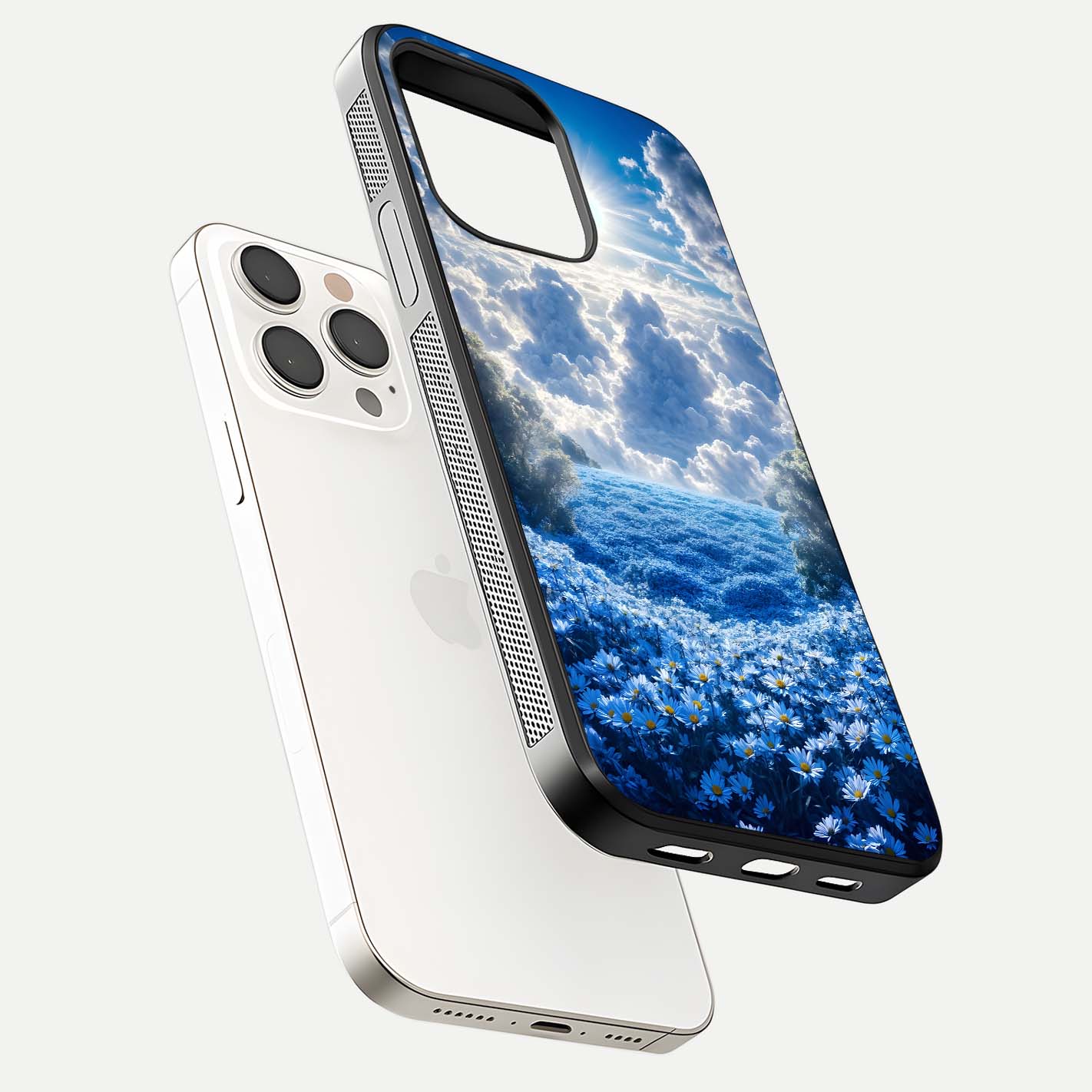 Heavenly Daisy Horizon Glass Case for iPhone 15 Pro Max floating dual-view mockup showing gloss polish and soft pastel background