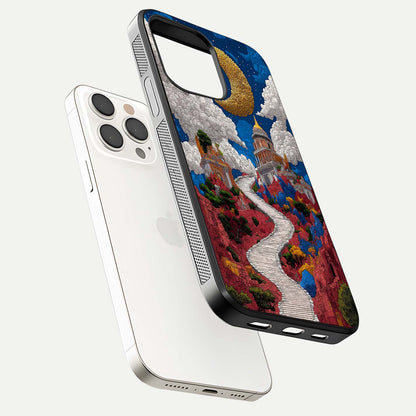 Heavenly Moon Path Glass Case for iPhone 15 Pro Max floating dual-view mockup showing gloss surface and celestial pathway