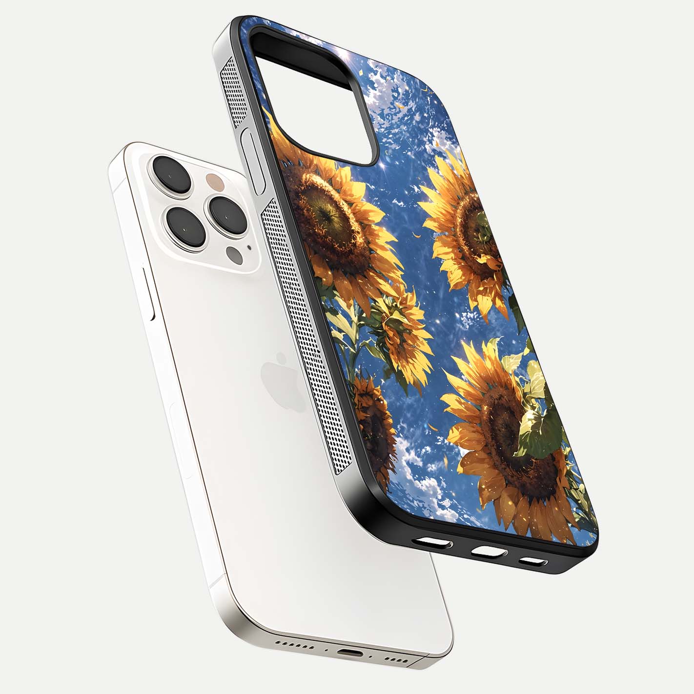 Heavenly Sunflower Rise Glass Case for iPhone 15 Pro Max floating dual-view mockup showing gloss brightness and morning-light feel