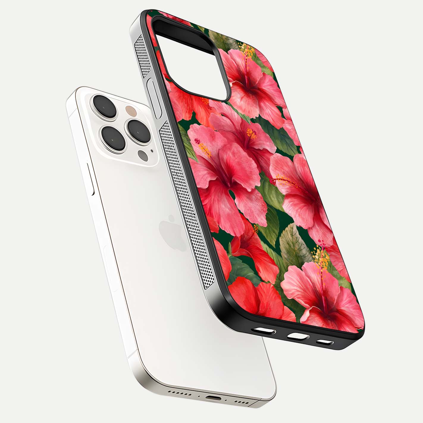 Hibiscus Pattern Glass Case for iPhone 15 Pro Max floating dual-view mockup showing glossy texture and vivid color depth