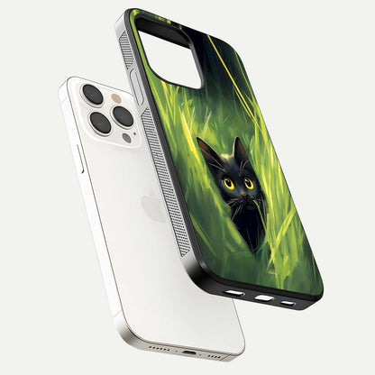 Hidden Cat Whisper Glass Case for iPhone 15 Pro Max floating dual-view mockup showing glossy tone and elegant cat silhouette