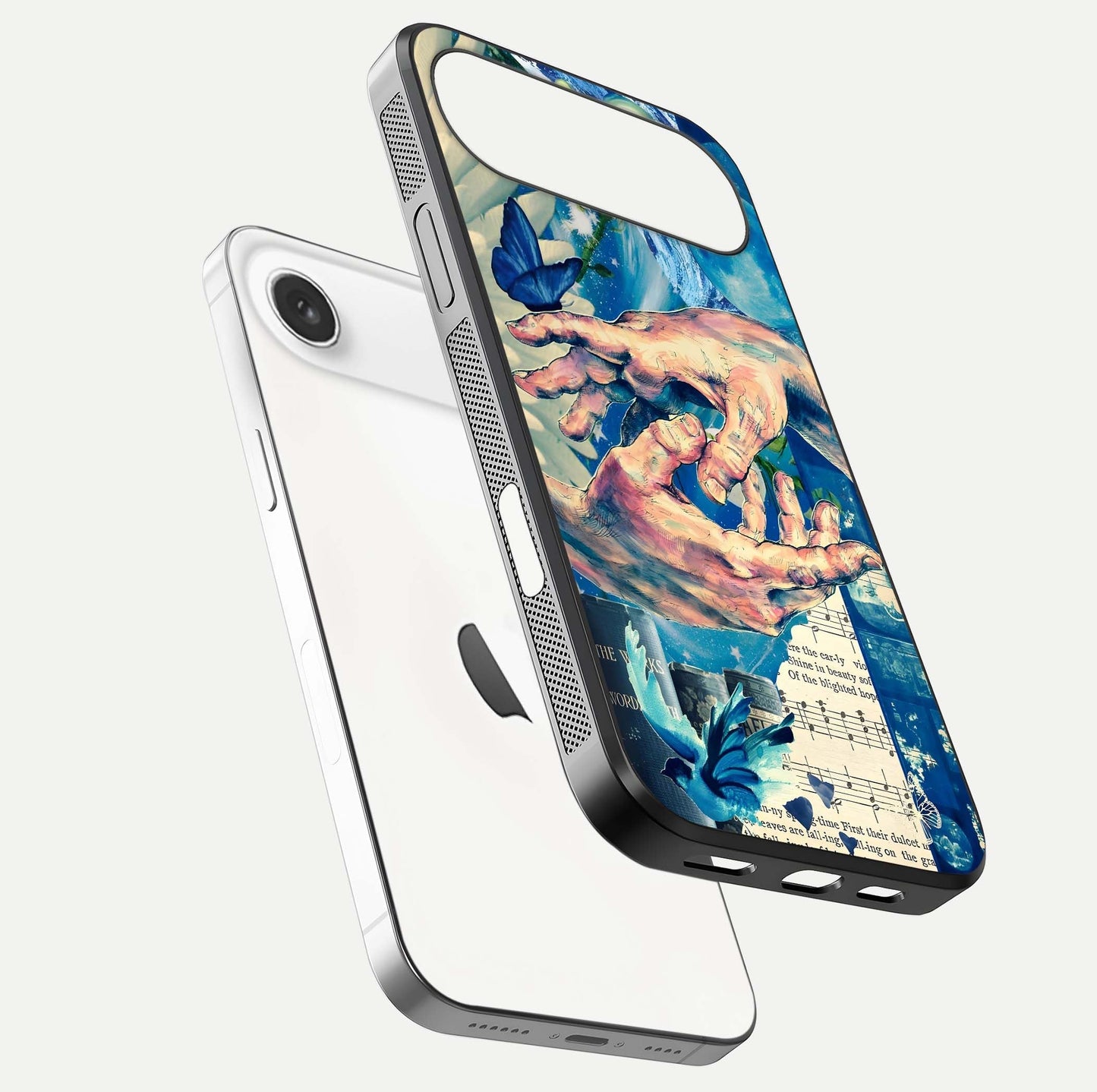 Aesthetic Divider Glass Case for iPhone Air  floating dual-view mockup showing edge design and detailed divider gloss texture