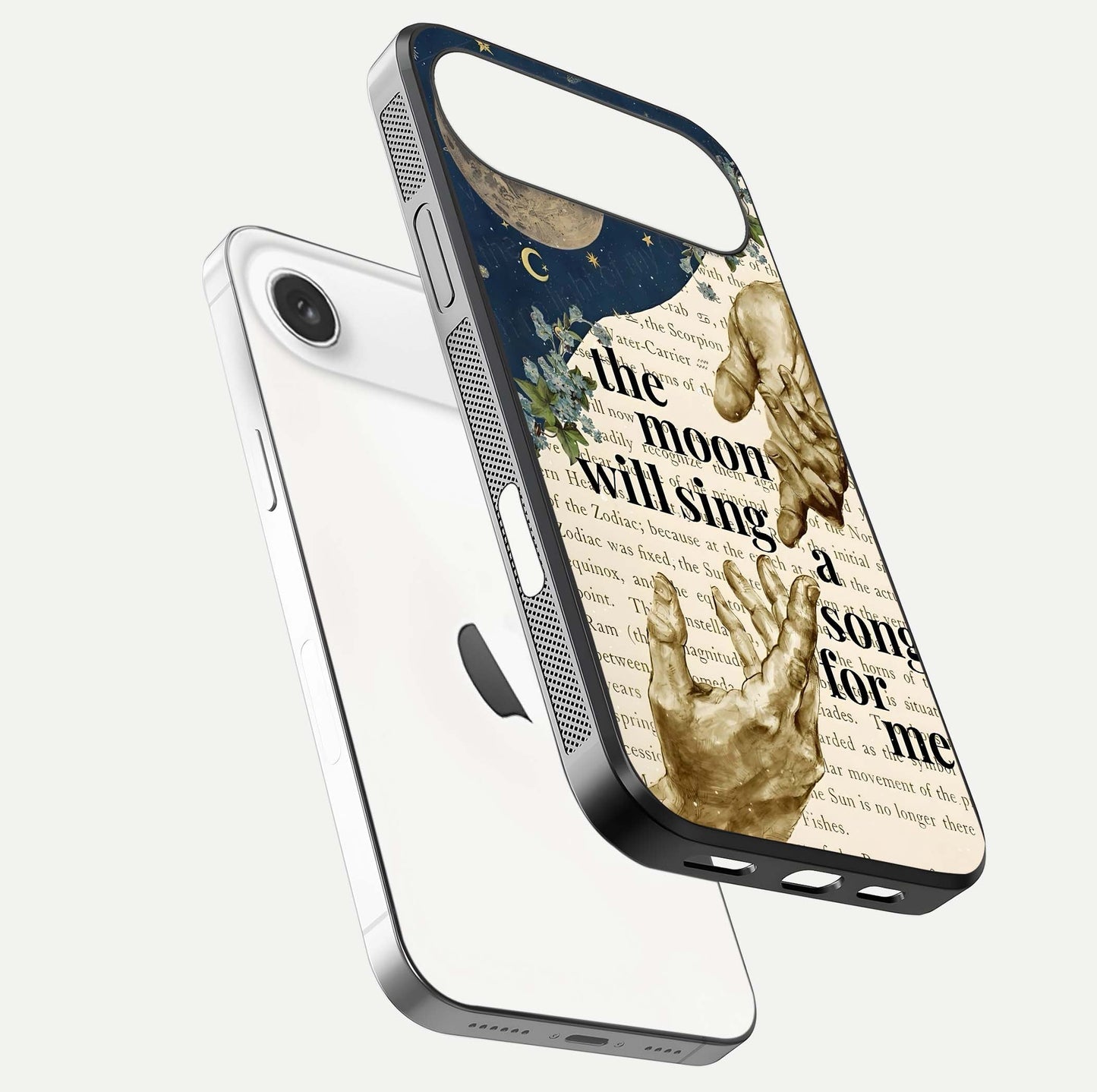 Aesthetic Divine Glass Case for iPhone Air  floating dual-view mockup showing edge design and divine art gloss texture