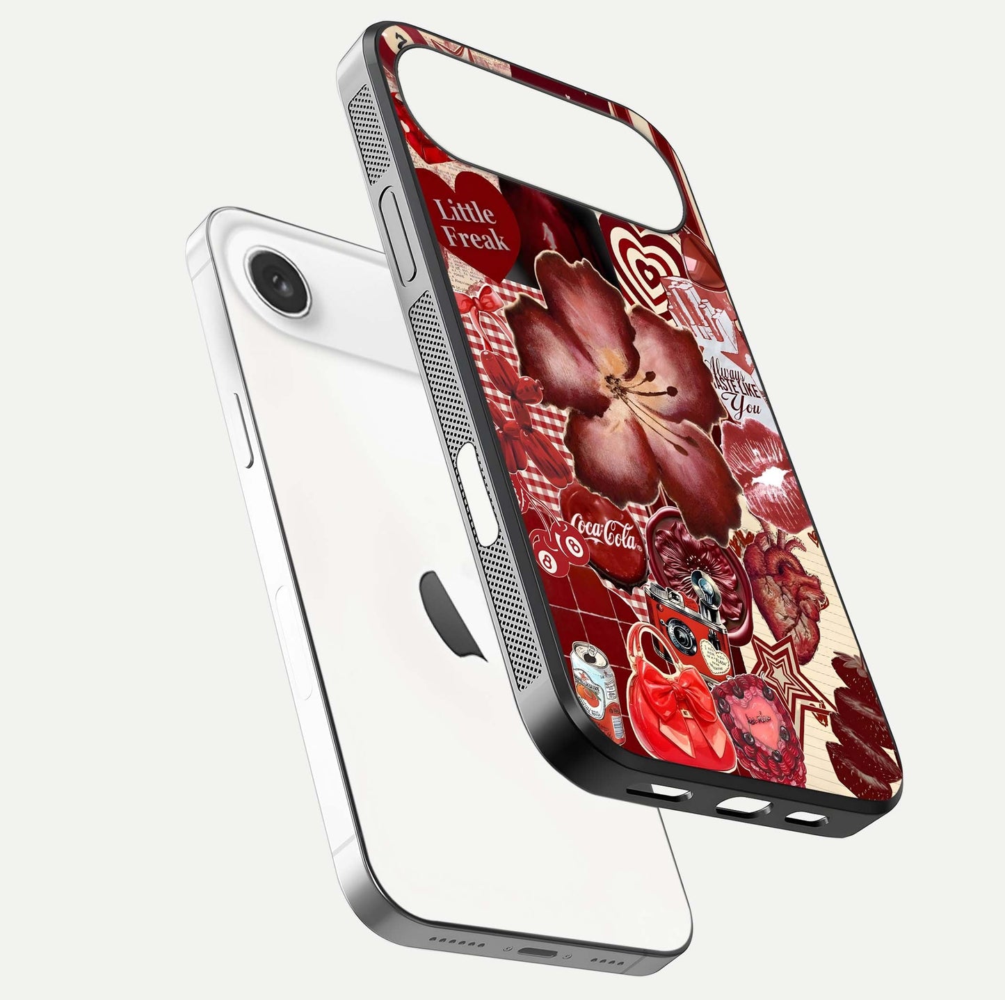 Aesthetic Little Freak Glass Case for iPhone Air  floating dual-view mockup showing edge design and detailed collage gloss texture