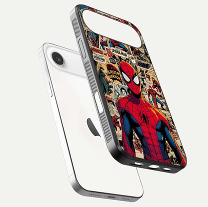 Aesthetic Spider Man Glass Case for iPhone Air  floating dual-view mockup showing edge design and detailed Spider-Man gloss texture