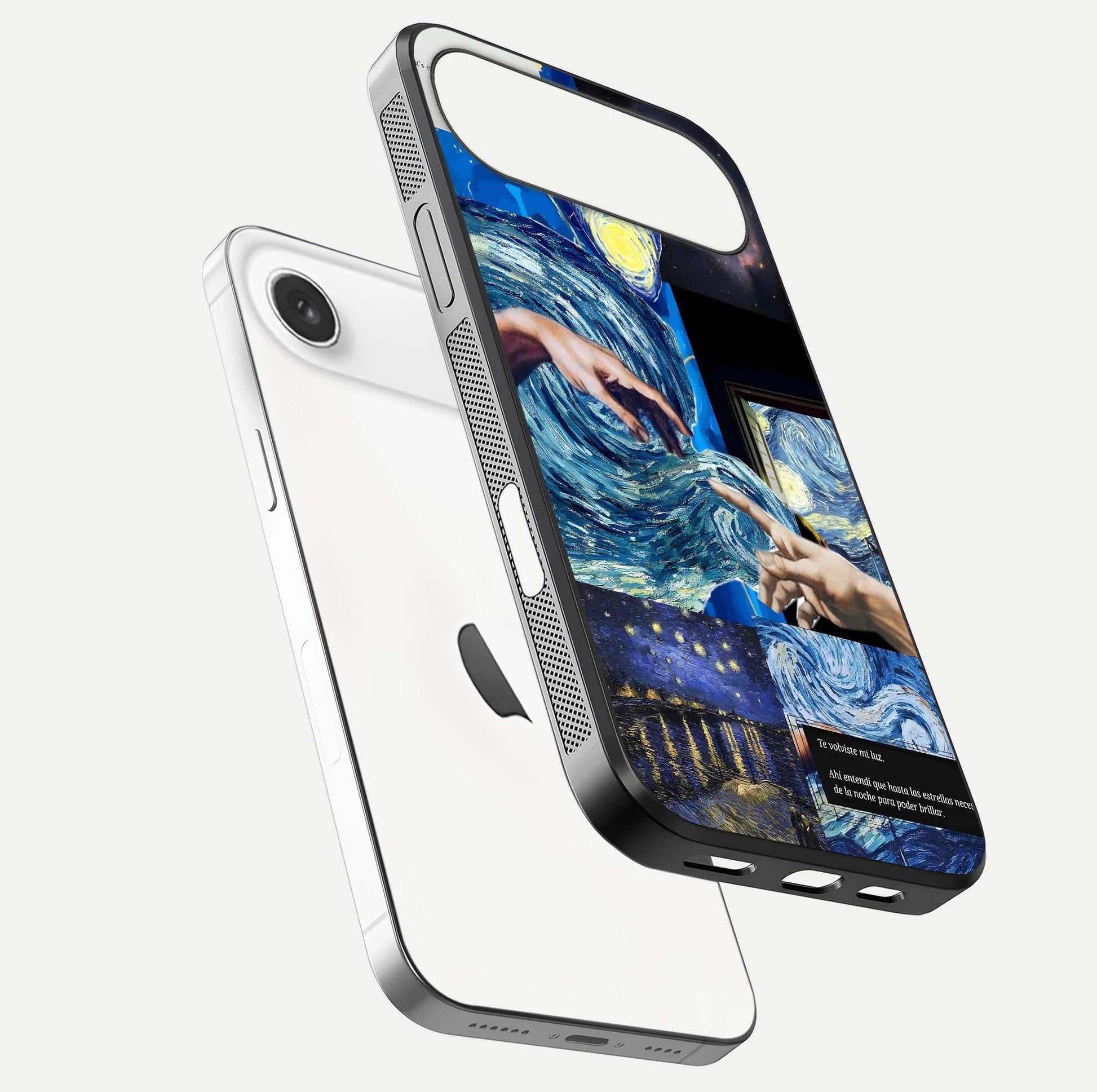 Aesthetic Vando Hands Glass Case for iPhone Air  floating dual-view mockup showing slim edge profile and high-definition gloss