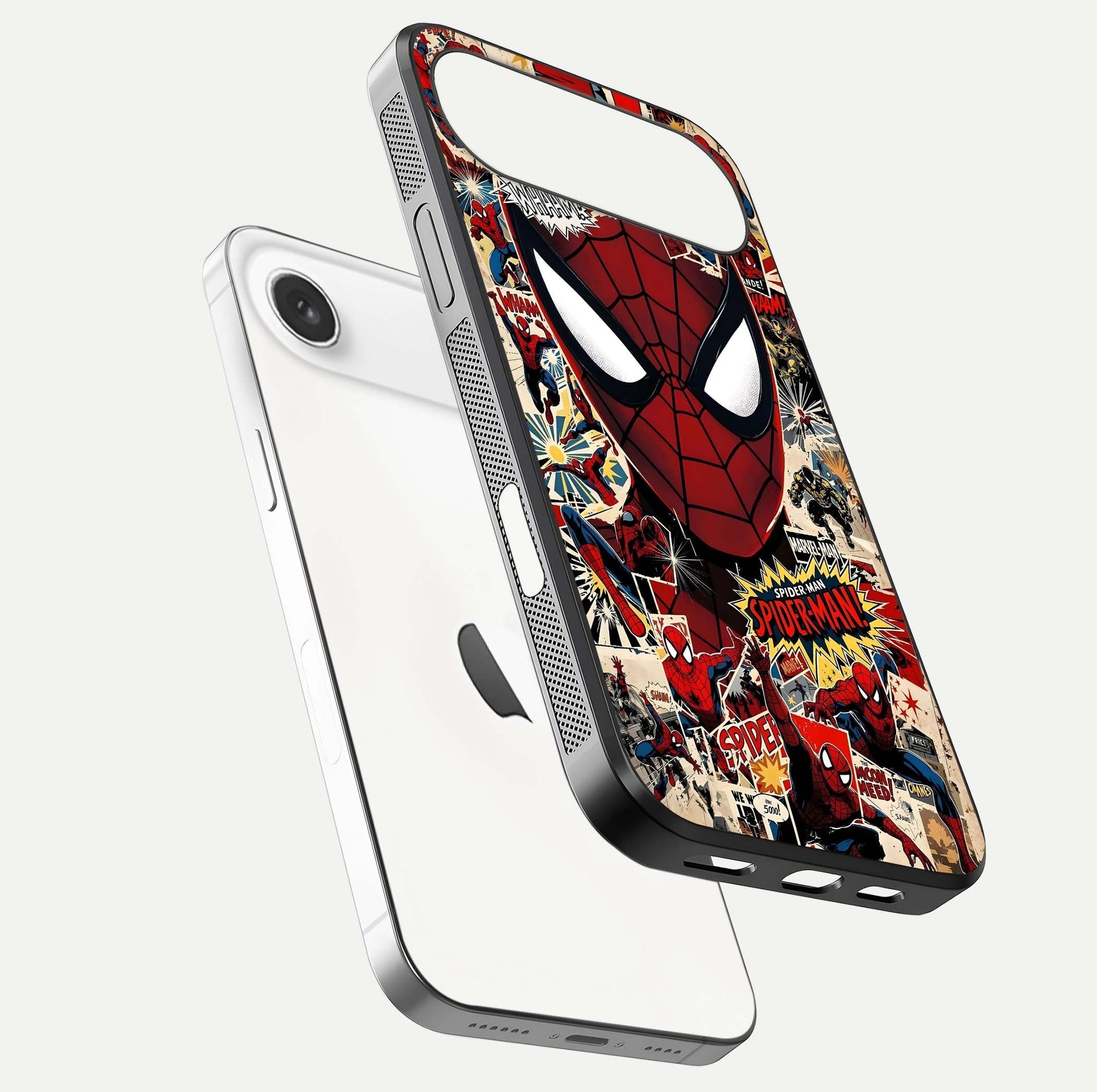 Aesthetic Wonder Spider Glass Case for iPhone Air  floating mockup emphasizing superhero art and glossy reflection
