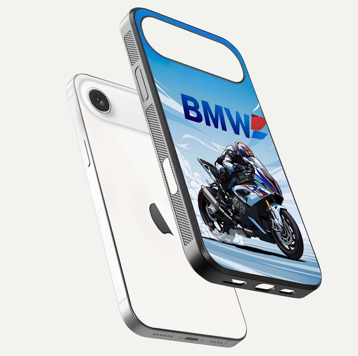 BMW Power Drift Glass Case for iPhone Air  floating mockup displaying bold drift artwork and glossy polish