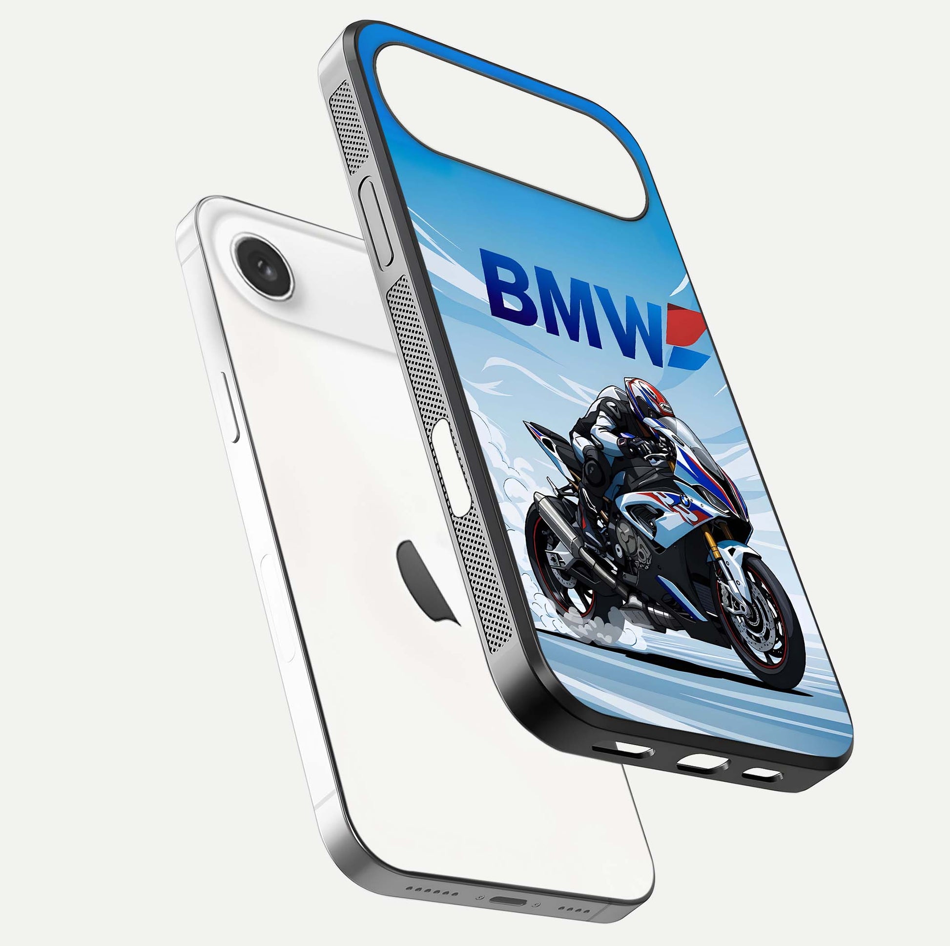 BMW Power Drift Glass Case for iPhone Air  floating mockup displaying bold drift artwork and glossy polish