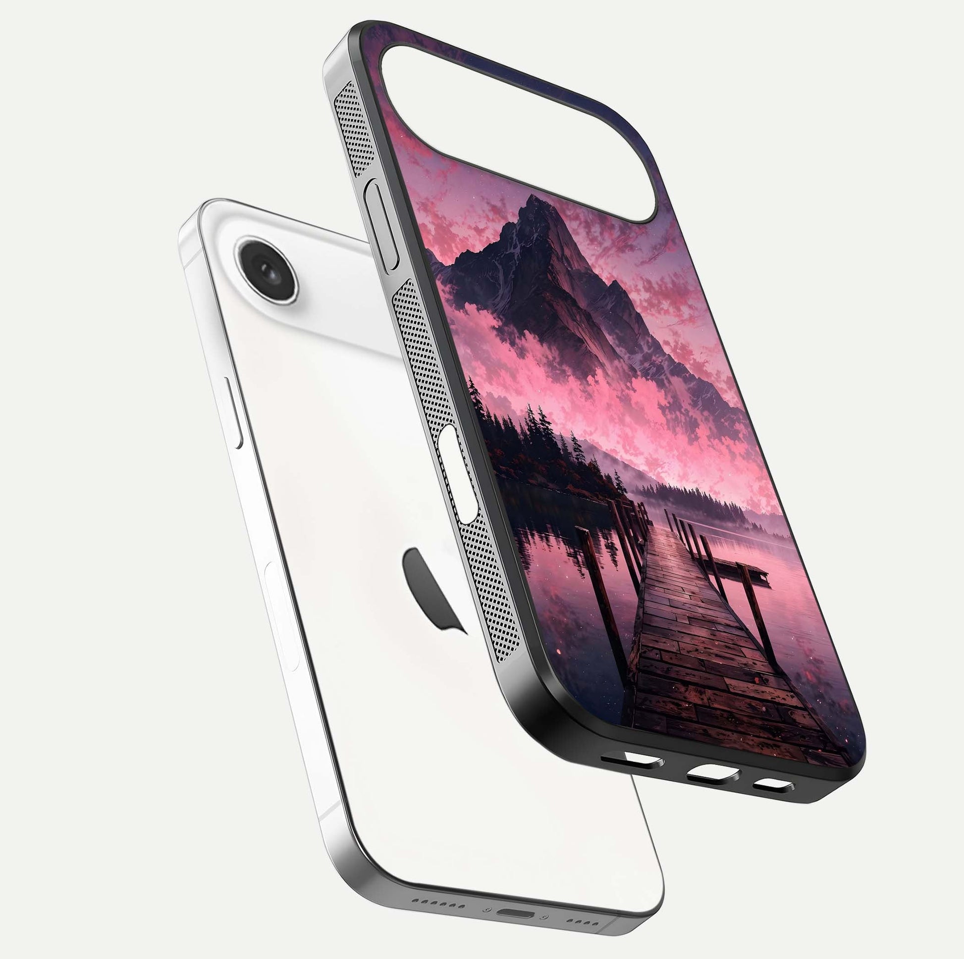 Beautyful Mountain View Glass Case for iPhone Air  floating dual mockup showing edges and reflective sky print
