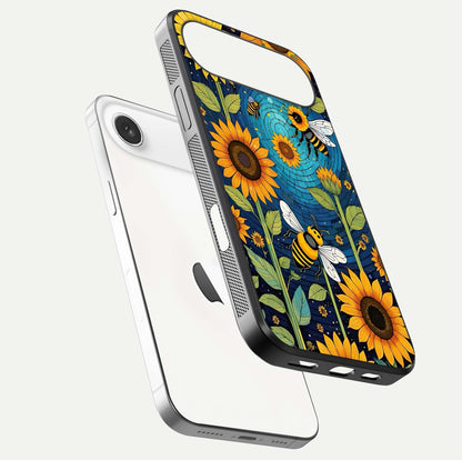 Bees & Sunflowers Glass Case for iPhone Air  floating dual-view mockup displaying vibrant yellow tones and gloss texture