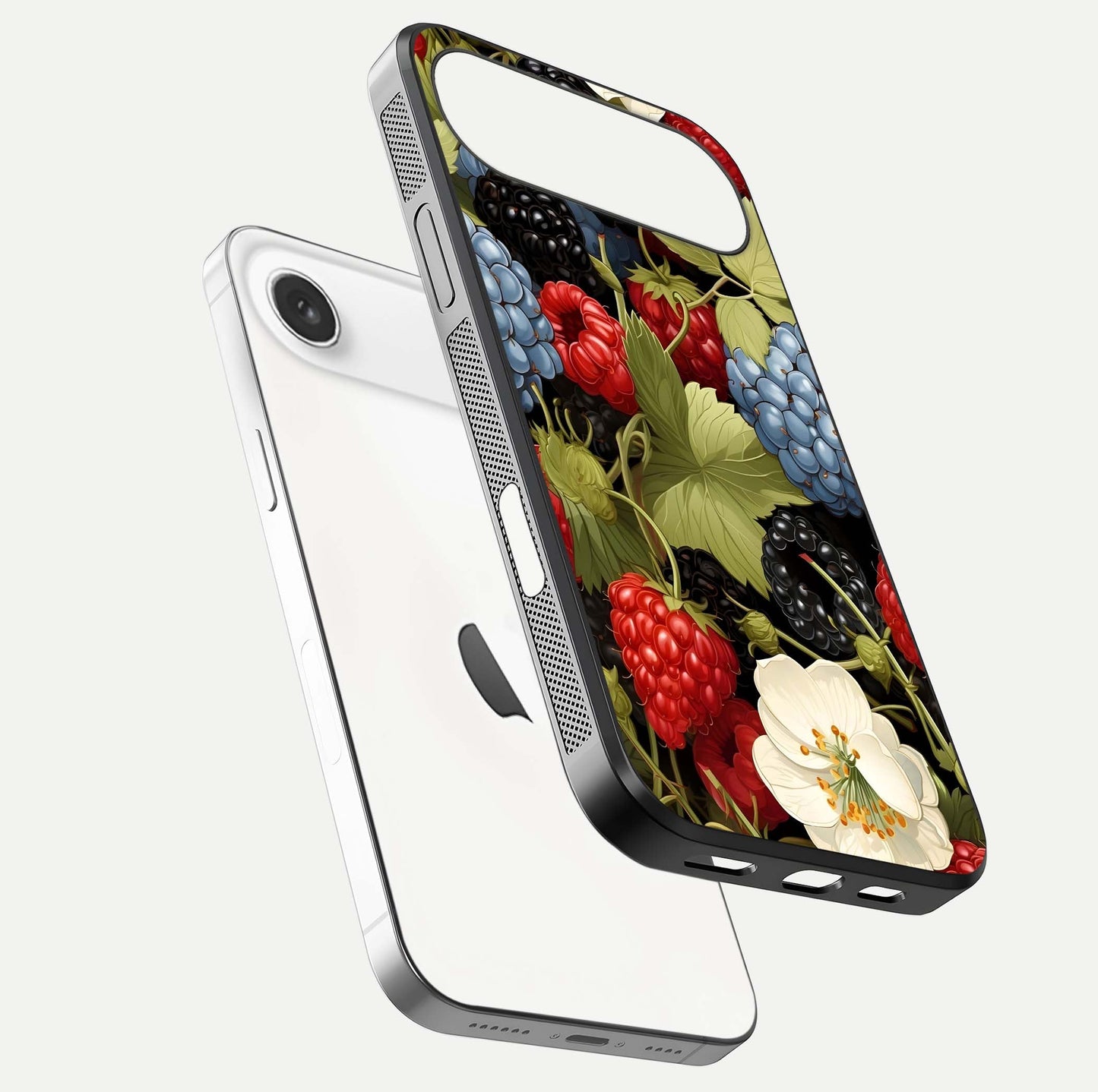 Berry Bloom Charm Glass Case for iPhone Air  floating mockup capturing glossy reflection and curved-edge finish