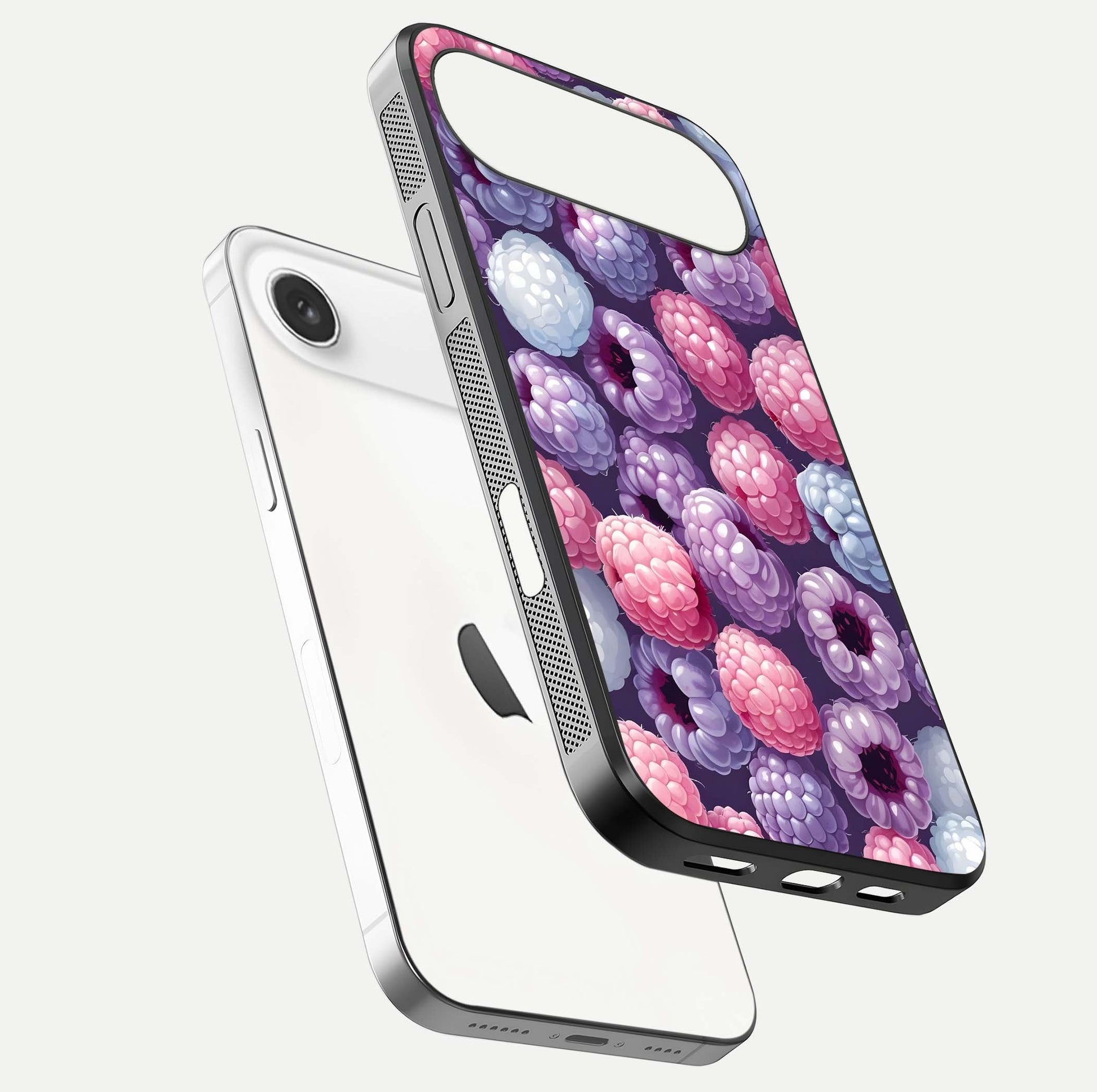Berry Candy Pop Glass Case for iPhone Air  floating dual-view mockup highlighting gloss shine and curved edges