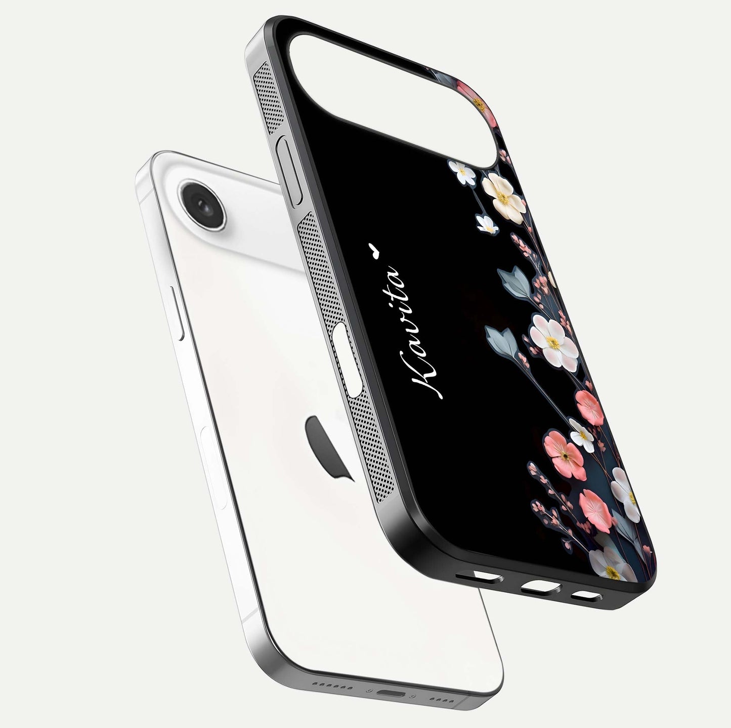 Black Elegance Floral Custom Name Glass Case for iPhone Air  floating mockup emphasizing premium shine and floral art