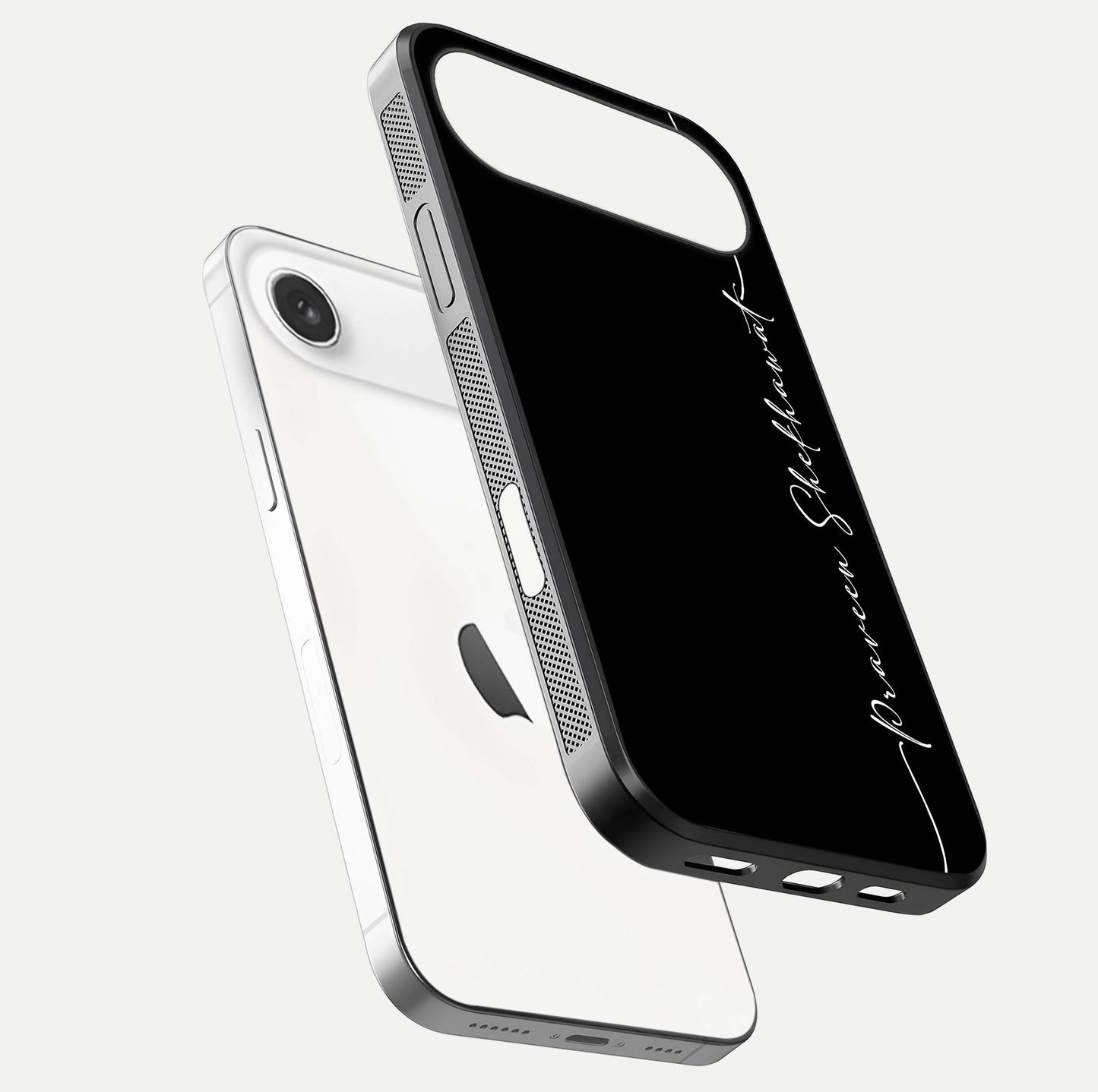 Black Tune Custom Name Glass Case for iPhone Air  floating dual-view mockup emphasizing modern glossy texture
