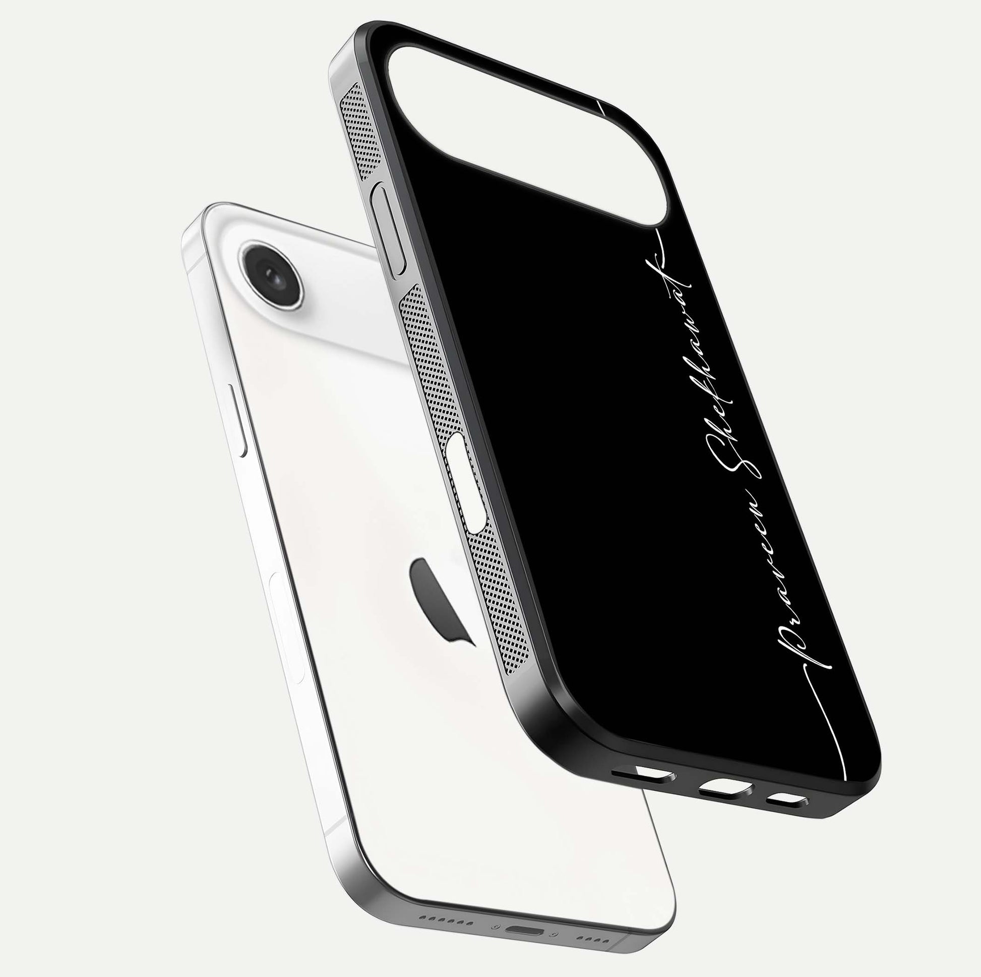 Black Tune Custom Name Glass Case for iPhone Air  floating dual-view mockup emphasizing modern glossy texture