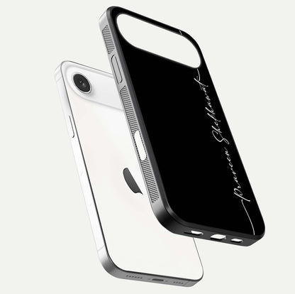 Black Tune Custom Name Glass Case for iPhone Air  floating dual-view mockup emphasizing modern glossy texture