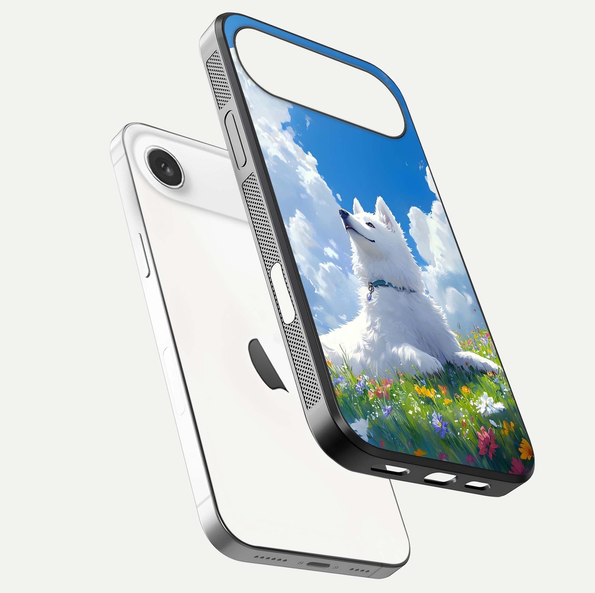 Blissful Cloud Pup Glass Case for iPhone Air  floating mockup capturing playful aesthetic and gloss finish