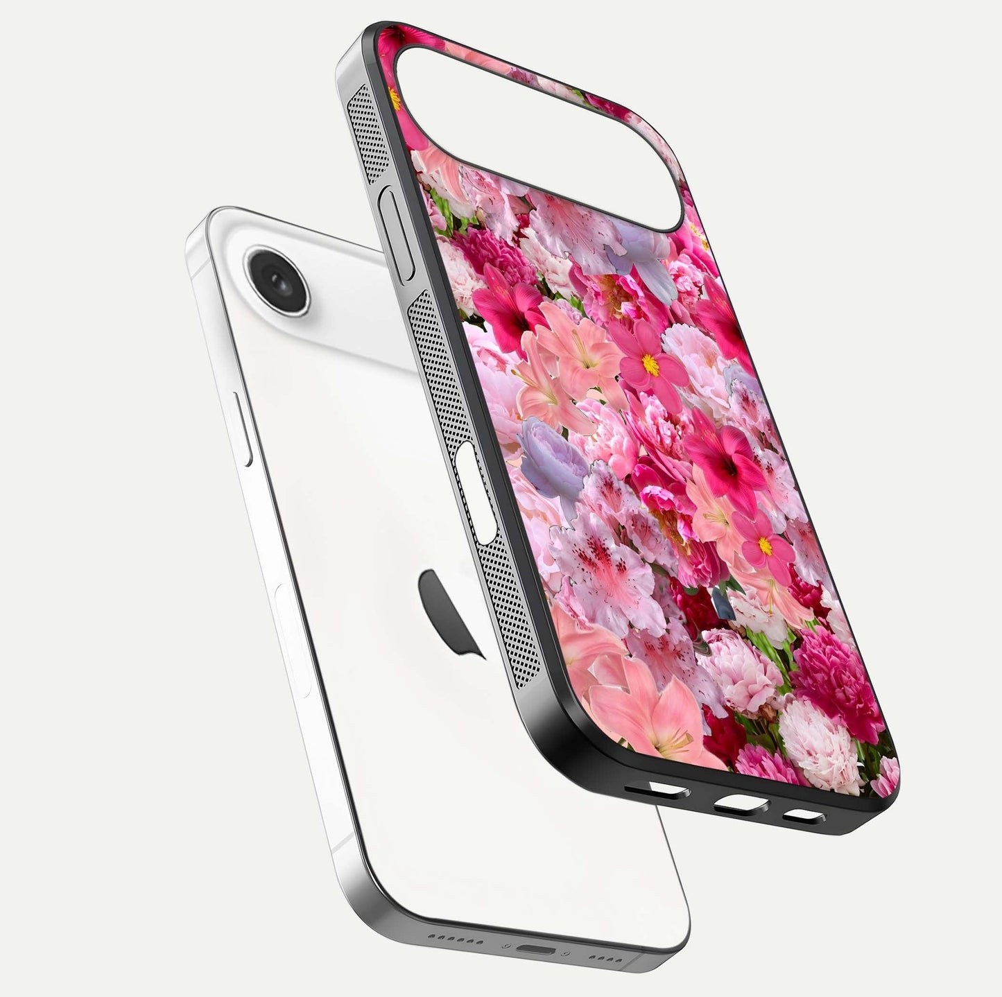 Bloom Crush Fantasy Glass Case for iPhone Air  floating mockup showing floral pattern clarity and HD glass