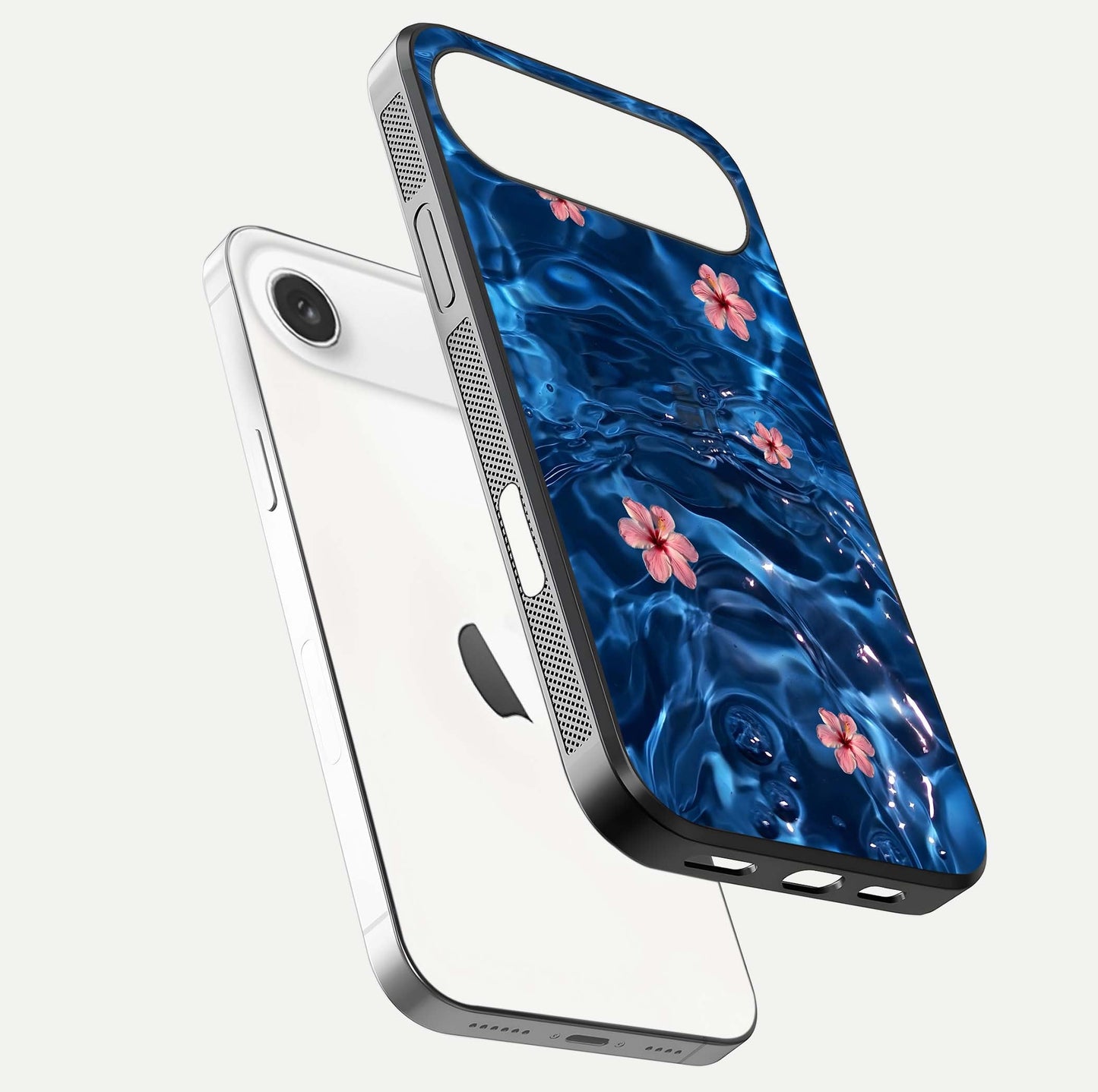 Blooming Water Drift Glass Case for iPhone Air  floating dual-view mockup showing floral drift pattern and reflective surface