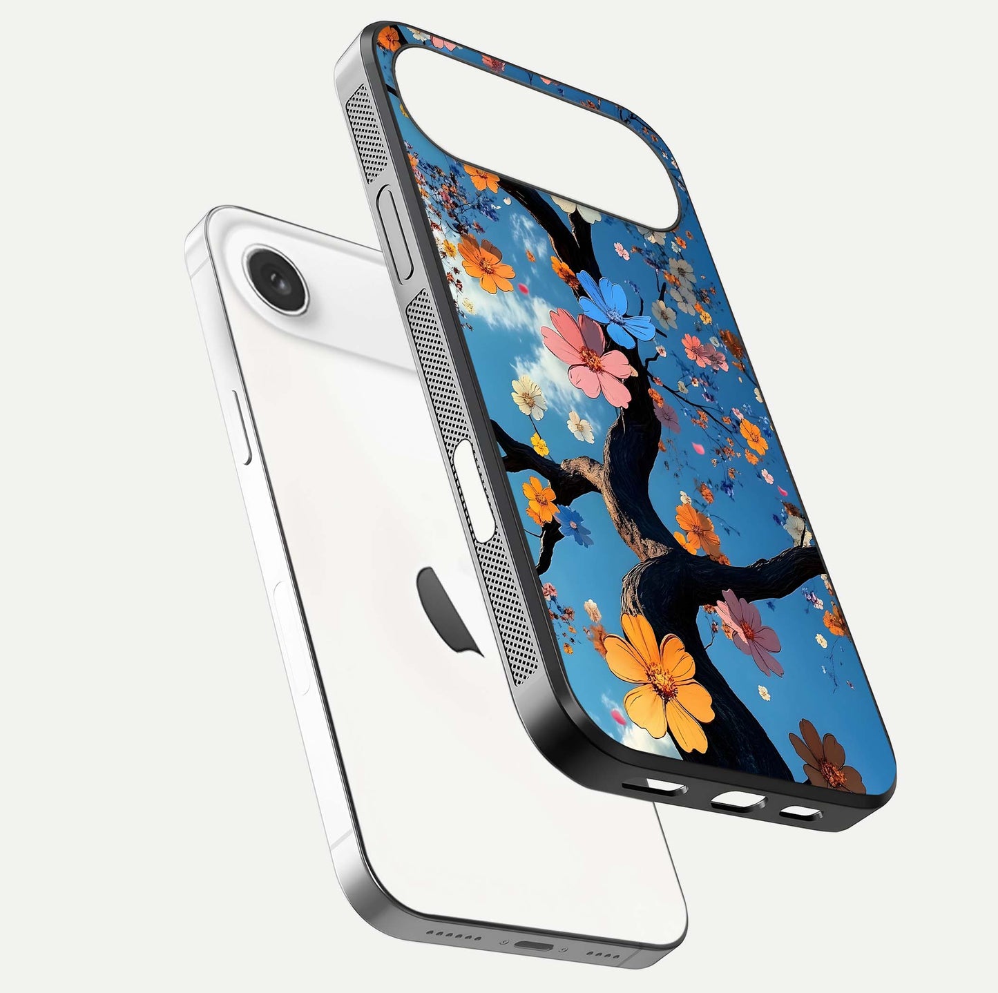 Blossom Dream Sky Glass Case for iPhone Air  floating dual-mockup displaying smooth finish and elegant sky tones