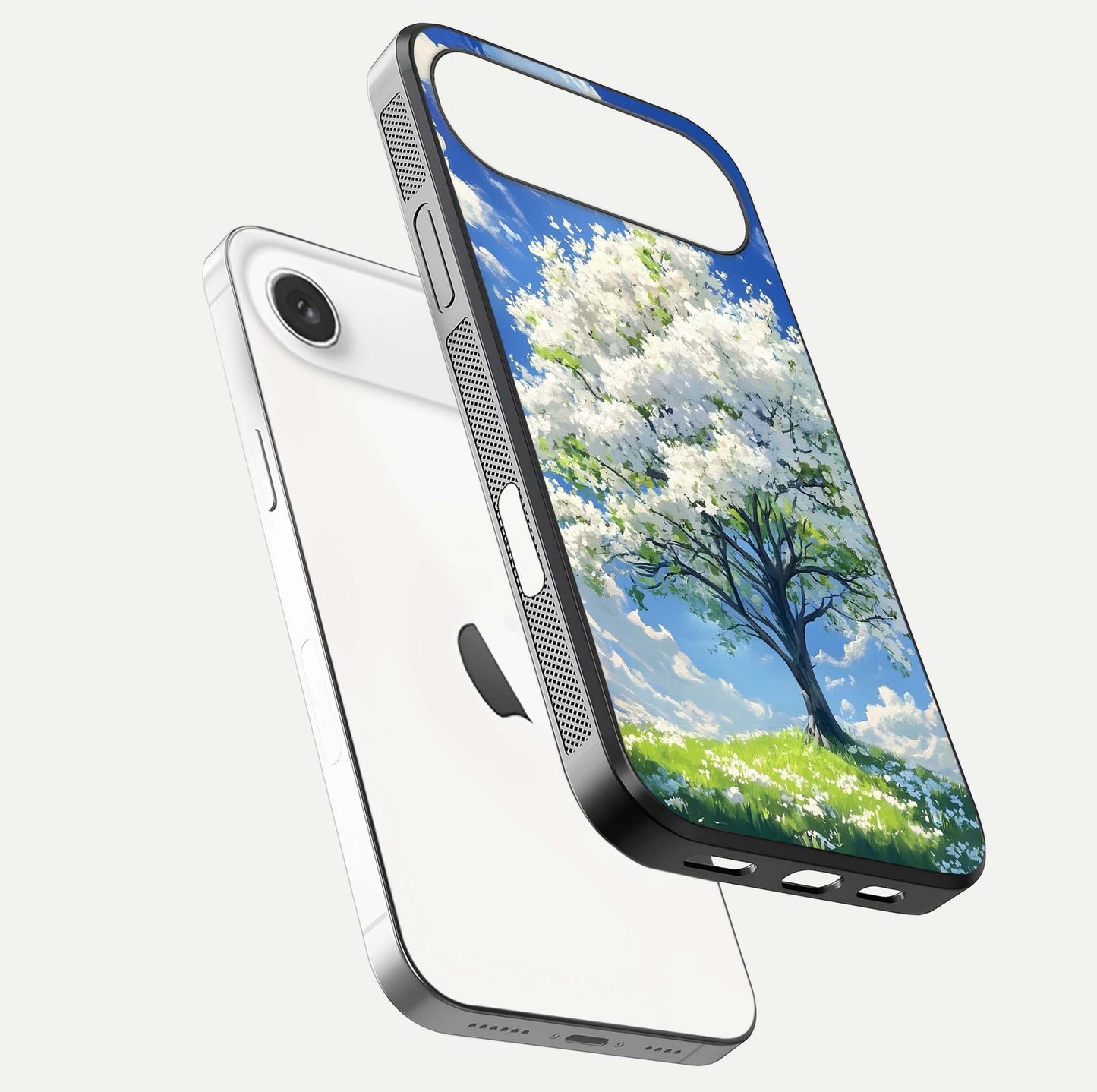 Blossom Sky Serenity Glass Case for iPhone Air  floating mockup capturing gloss surface and tranquil design