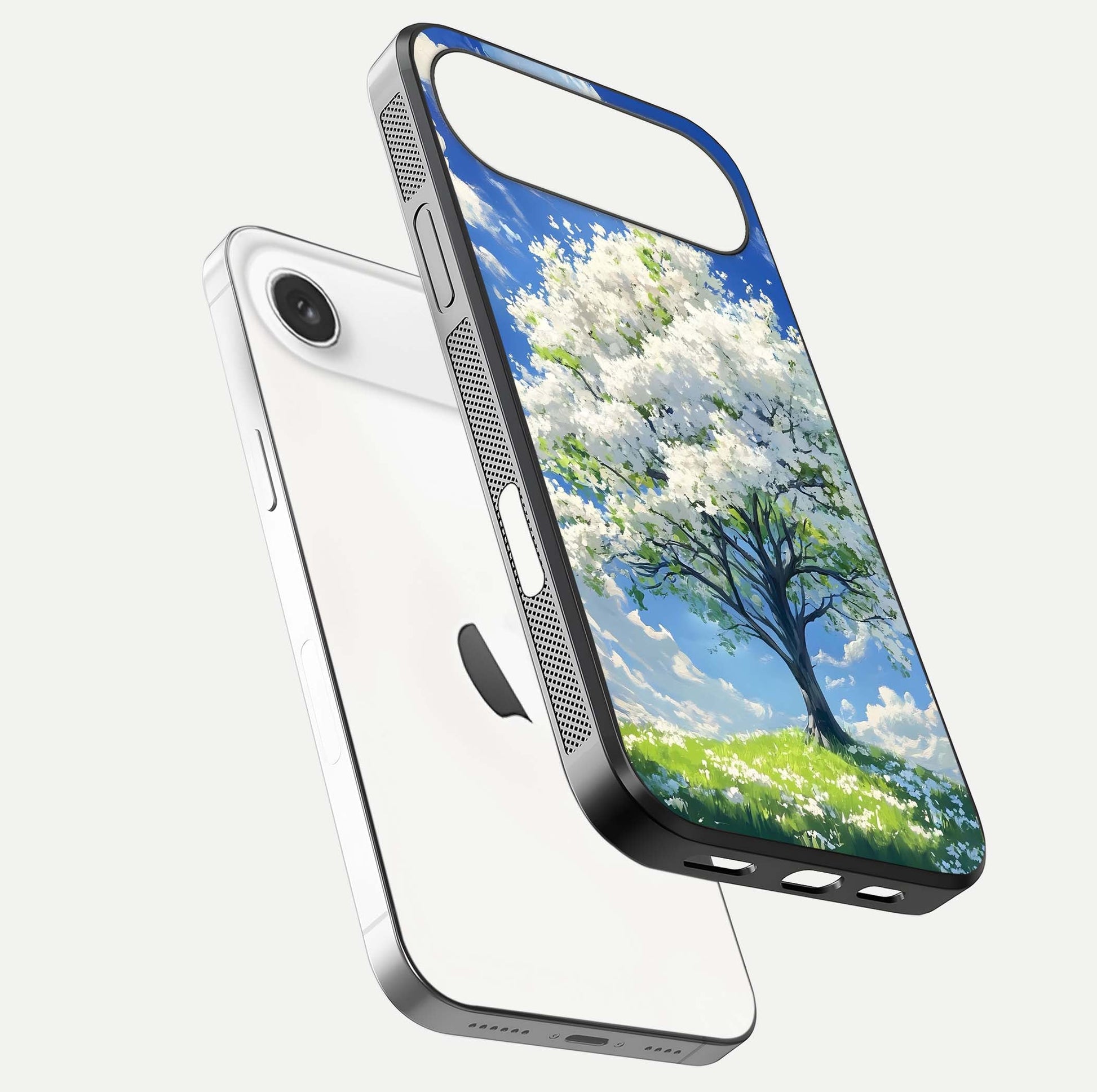 Blossom Sky Serenity Glass Case for iPhone Air  floating mockup capturing gloss surface and tranquil design