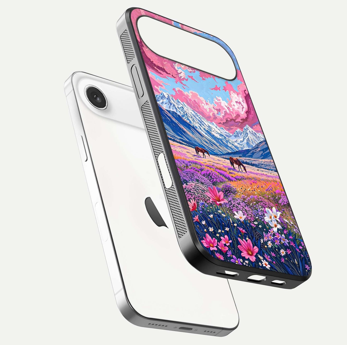 Blossom Valley Dream Glass Case for iPhone Air  floating mockup showing floral valley blend and reflective surface