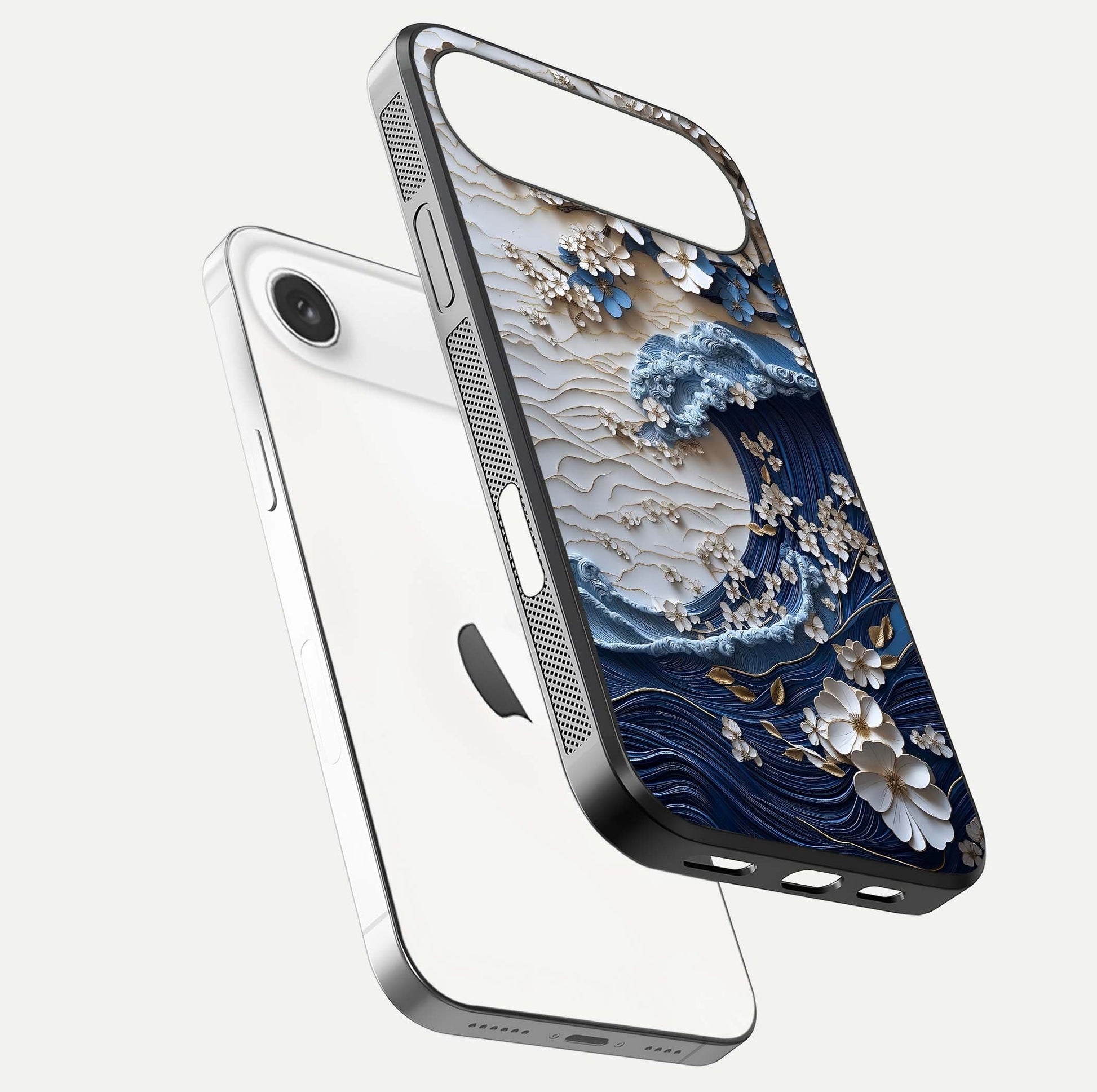 Blossom Wave Art Glass Case for iPhone Air  floating mockup displaying pattern details and reflective shine