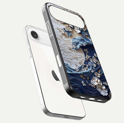 Blossom Wave Art Glass Case for iPhone Air  floating mockup displaying pattern details and reflective shine